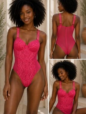 Juicy Couture Intimates Pink Lace Mesh Underwire Bodysuit Teddy S